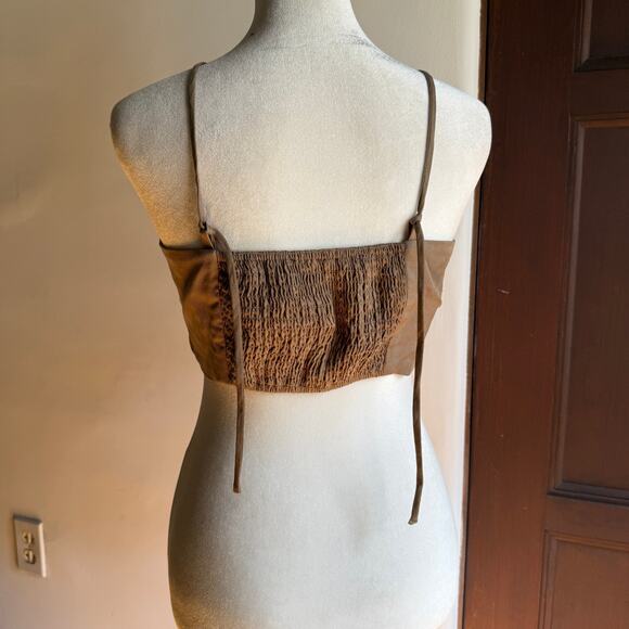 MAJORELLE | Light Brown Camel Linen Blend Tie Front Crop Top Bra Top Boho Small - Picture 2 of 4